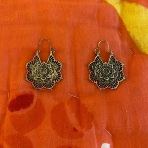 Silver tone mandala lotus flower Indian earrings